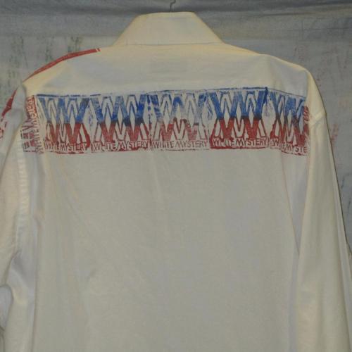 Red and Blue on White Collar Shirt "The Patriot." White Mystery Art Show. 2011